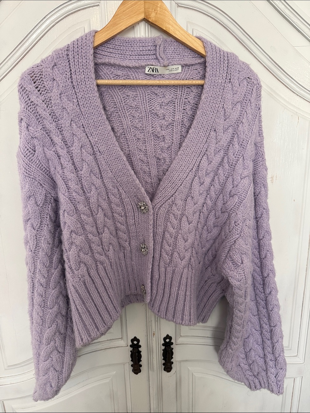 Zara Lavender Chunky Cable Knit Jeweled Button Balloon Sleeves Cardigan – Size M